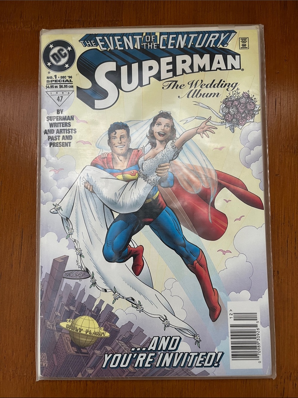 DC Superman Wedding Comic Cover — Blue, Red, White, Cream